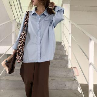 Long-sleeve Plain Shirt Light Blue - One Size