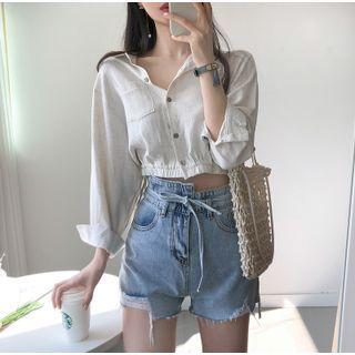 Long Sleeve Drawstring Crop Shirt Beige - One Size