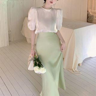 Short-sleeve Plain Blouse / Midi Pencil Skirt