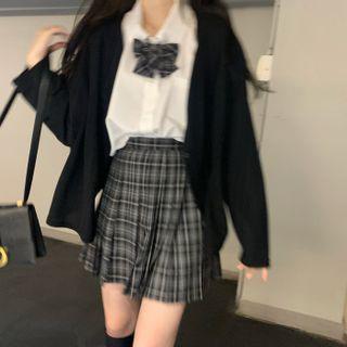 Long-sleeve Shirt With Bowtie / Plaid Mini A-line Skirt / Cardigan