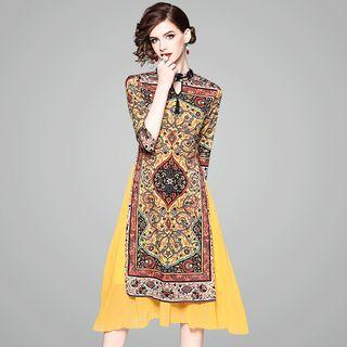 Patterned Mock Two Piece 3/4 Sleeve Dress
