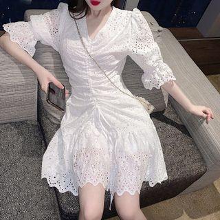 Bell-sleeve Eyelet Mini A-line Dress White - One Size