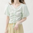 Puff-sleeve Drawstring V-neck Cropped Blouse Mint - One Size