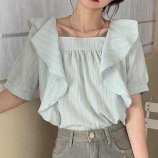 Square-neck Ruffle Short-sleeve Chiffon Shirt
