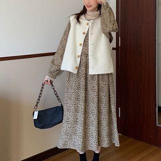 Long-sleeve Leopard Print Midi A-line Dress / Fleece Vest