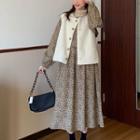 Long-sleeve Leopard Print Midi A-line Dress / Fleece Vest