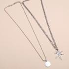 Set: Alloy Disc / Leaf Pendant Necklace Set - Silver - One Size