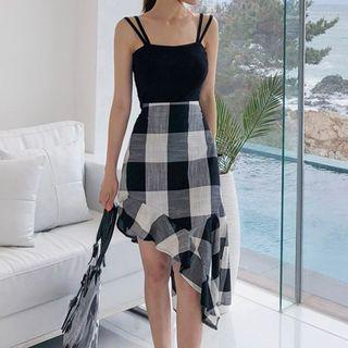 Set: Open Back Camisole Top + Plaid Asymmetric Hem Pencil Skirt