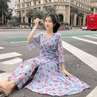 Printed Elbow-sleeve Midi A-line Dress As Shown In Figure - One Size