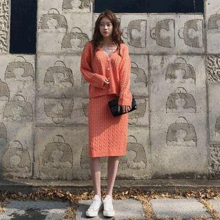 Set: Drop-shoulder Cable-knit Cardigan + Midi Skirt