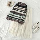 Striped Loose-fit Sweater / Mesh Midi Skirt