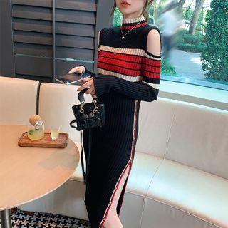 Cold-shoulder Color Block Knit Midi Sheath Dress