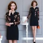 Long-sleeve Embroidered Floral Paneled Mini Dress