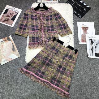 Plaid Fringed Trim Jacket + Plaid A-line Skirt