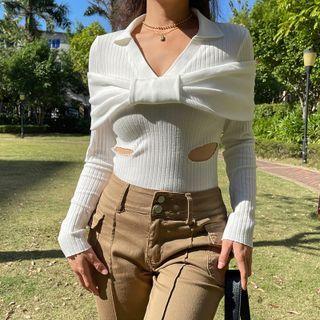 Long Sleeve Collar V-neck Ribbed-knit Crop Sweater
