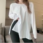 Long Sleeve Boatneck Plain Split T-shirt White - One Size