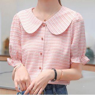 Short-sleeve Buttoned Plaid Chiffon Blouse