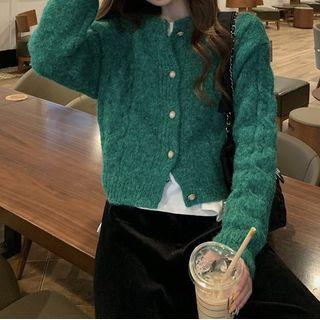 Round Neck Cropped Cardigan Green - One Size
