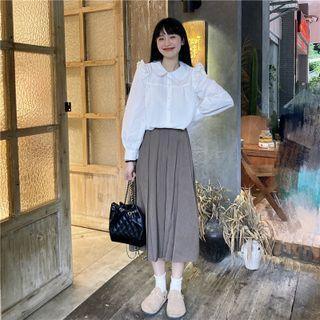 Ruffle Trim Blouse / Pleated Midi A-line Skirt