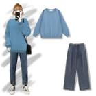 Plain Long-sleeve Sweatshirt / High Waist Wide Leg Jeans