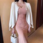 Faux Pearl Ope-front Cardigan / Spaghetti-strap Slit Midi A-line Dress