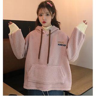 Faux Shearling Letter Embroidered Hoodie