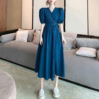 Puff-sleeve V-neck Shirtdress With Sash