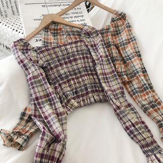 Square Neck Plaid Long-sleeve Blouse