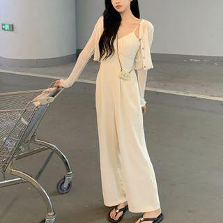 Plain Cardigan / Spaghetti Strap Jumpsuit