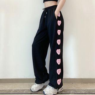 Lettering Heart Print Drawstring Sweatpants