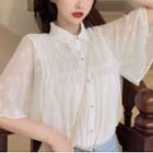 Elbow-sleeve Dotted Chiffon Shirt White - One Size