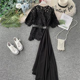 Belted Asymmetric-hem Short-sleeve Lace Blouse