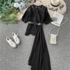 Belted Asymmetric-hem Short-sleeve Lace Blouse