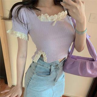 Short-sleeve Lace Trim Square-neck Cropped Knit Top Purple - One Size