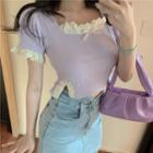 Short-sleeve Lace Trim Square-neck Cropped Knit Top Purple - One Size