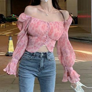 Bell-sleeve Square Neck Plain Chiffon Blouse Pink - One Size