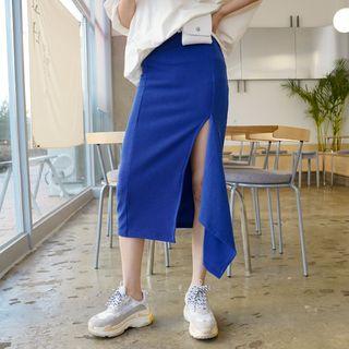Deep-slit Ruffle-trim Midi Skirt