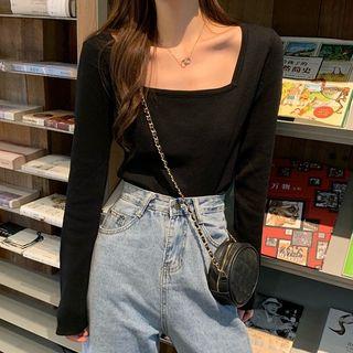 Square Collar Long-sleeve Plain Knit Top