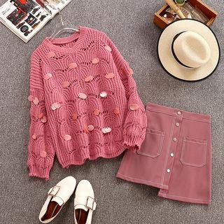 Set: Sequined Crochet Knit Sweater + A-line Skirt