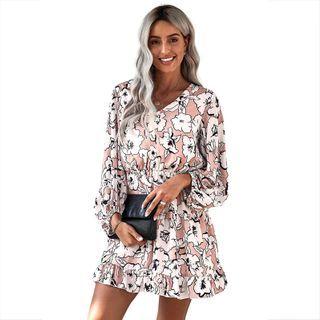 Long Sleeve Flower Print A-line Dress