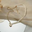 Heart Pendant Faux Pearl Alloy Necklace 1pc - Gold & White - One Size