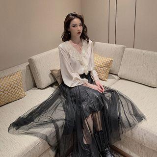 Long-sleeve Ruffle Blouse / Midi A-line Mesh Skirt