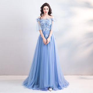 Elbow-sleeve Flower Detail A-line Evening Gown