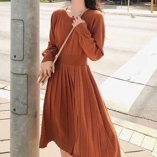 Long-sleeve Plain Elastic Waist Slim Fit Knit Midi Dress