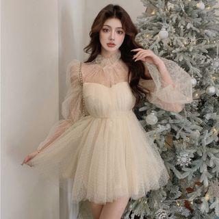 Long-sleeve Mock-neck Dotted Mesh Mini A-line Dress