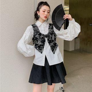 Long-sleeve Blouse / Floral Bow Vest / Mini A-line Skirt