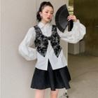 Long-sleeve Blouse / Floral Bow Vest / Mini A-line Skirt