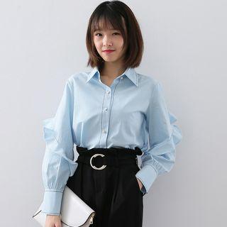 Faux Pearl Contrast Stitch Ruffled Shirt