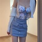 Floral Mesh Camisole / A-line Mini Skirt / Cardigan
