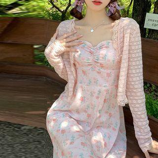 Spaghetti Strap Floral A-line Dress / Lace Cardigan